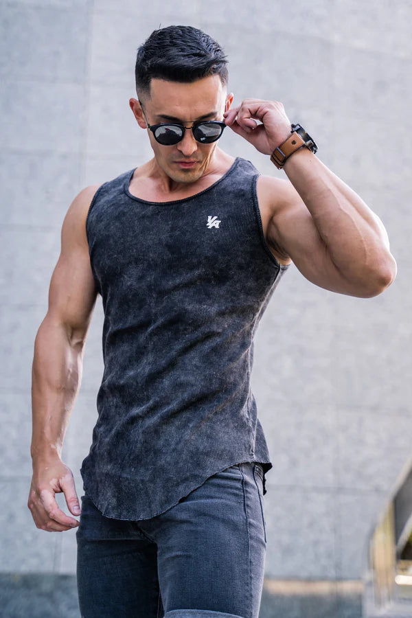 314 Scoop Bottom Ribbed Tank Black Acid Wash