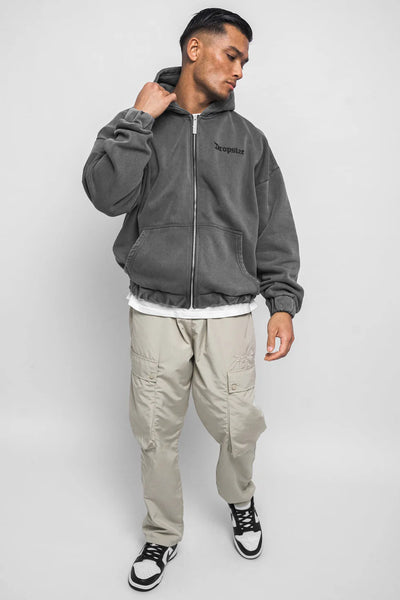 H3_SUPER HEAVY OVERSIZE BLANK ZIP HOODIE WASHED GRAY