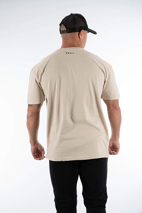 YoungLA Mens Relaxed Fit Drop Shoulder Short Sleeve Crew Neck T-Shirt | Gym Style | 409 Beige