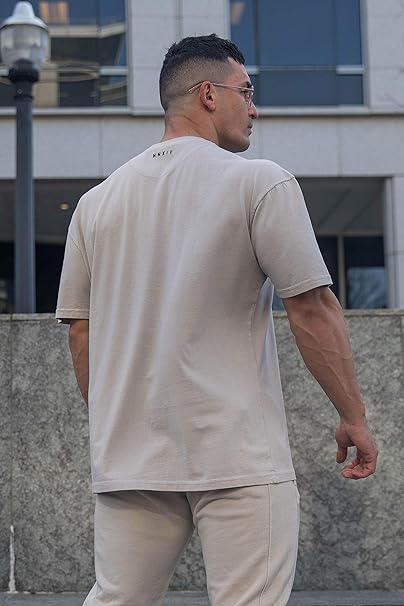 YoungLA Mens Relaxed Fit Drop Shoulder Short Sleeve Crew Neck T-Shirt | Gym Style | 409 Light Beige