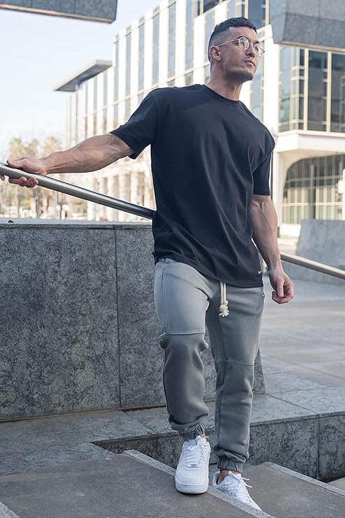YoungLA Mens Relaxed Fit Drop Shoulder Short Sleeve Crew Neck T-Shirt | Gym Style | 409