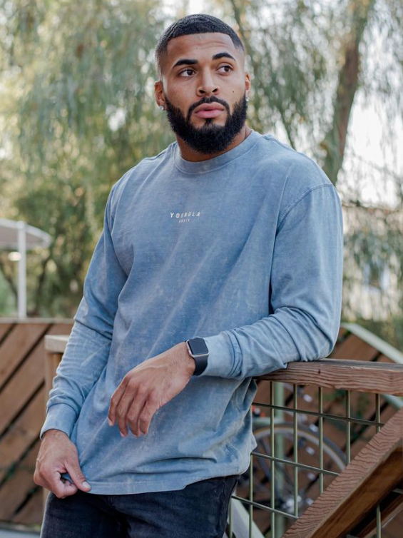 Blue-Acid Wash YoungLA Long Sleeve Tee Wavy