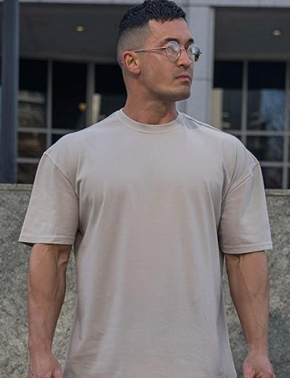 YoungLA Mens Relaxed Fit Drop Shoulder Short Sleeve Crew Neck T-Shirt | Gym Style | 409 Light Beige
