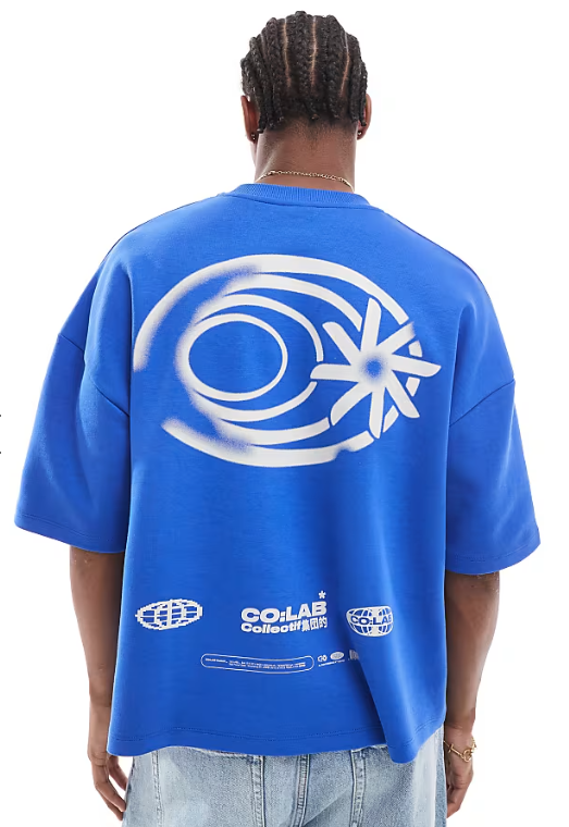 boxy oversized t-shirt with drop shoulder in heavyweight 300gsm with back graphic print in blue