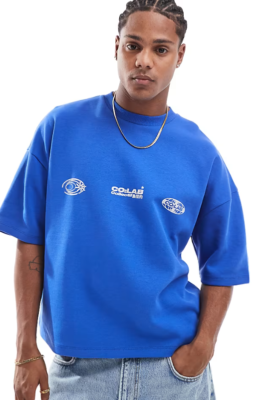 boxy oversized t-shirt with drop shoulder in heavyweight 300gsm with back graphic print in blue