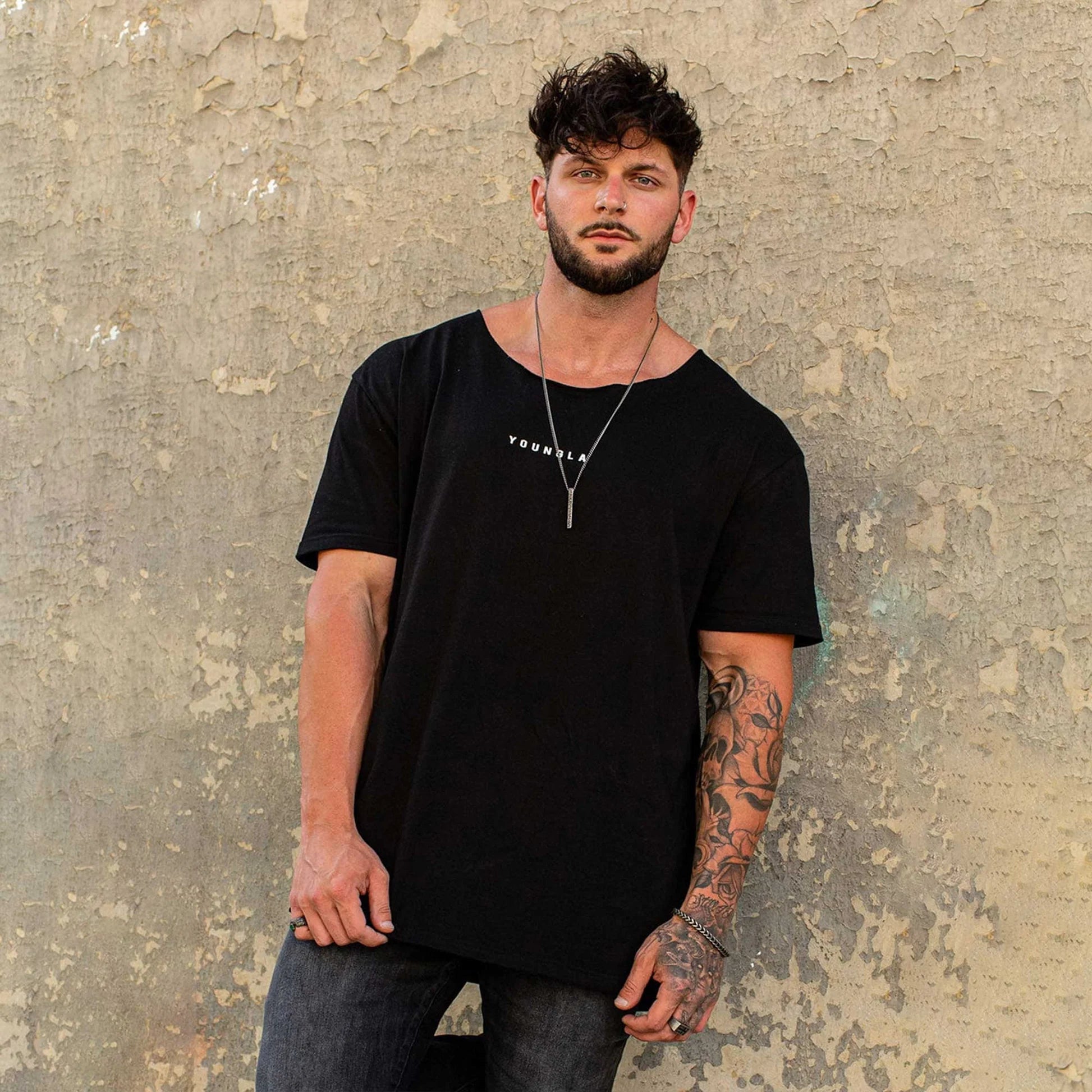 YoungLA 447 Wide Neck Black Raw Cut Tee