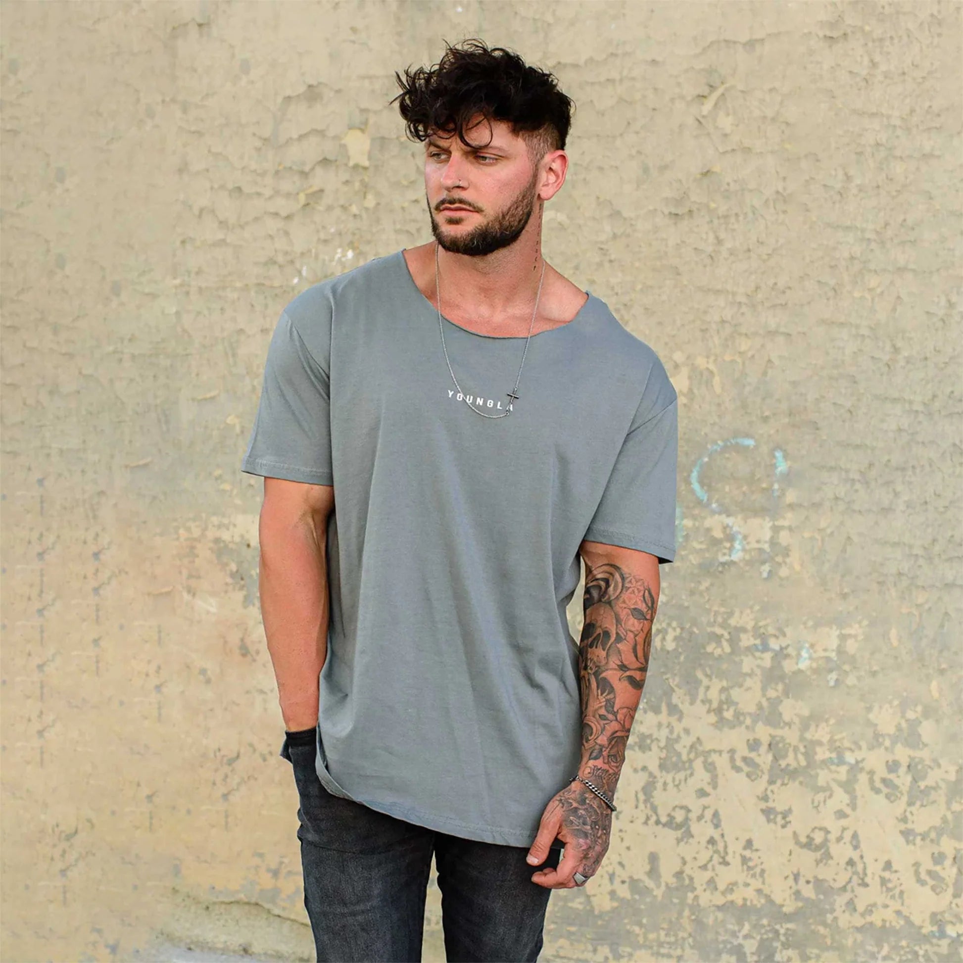 YoungLA 447 Wide Neck Gray Raw Cut Tee