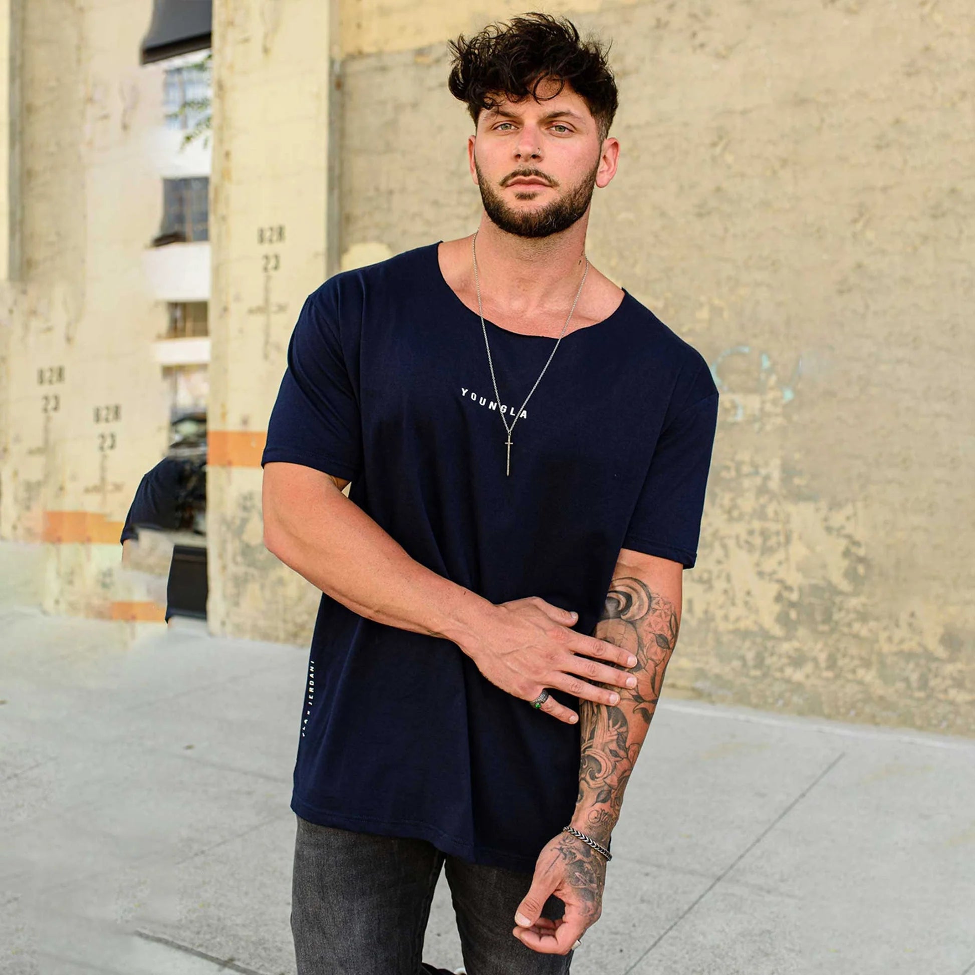 YoungLA 447 Wide Neck Navy Raw Cut Tee