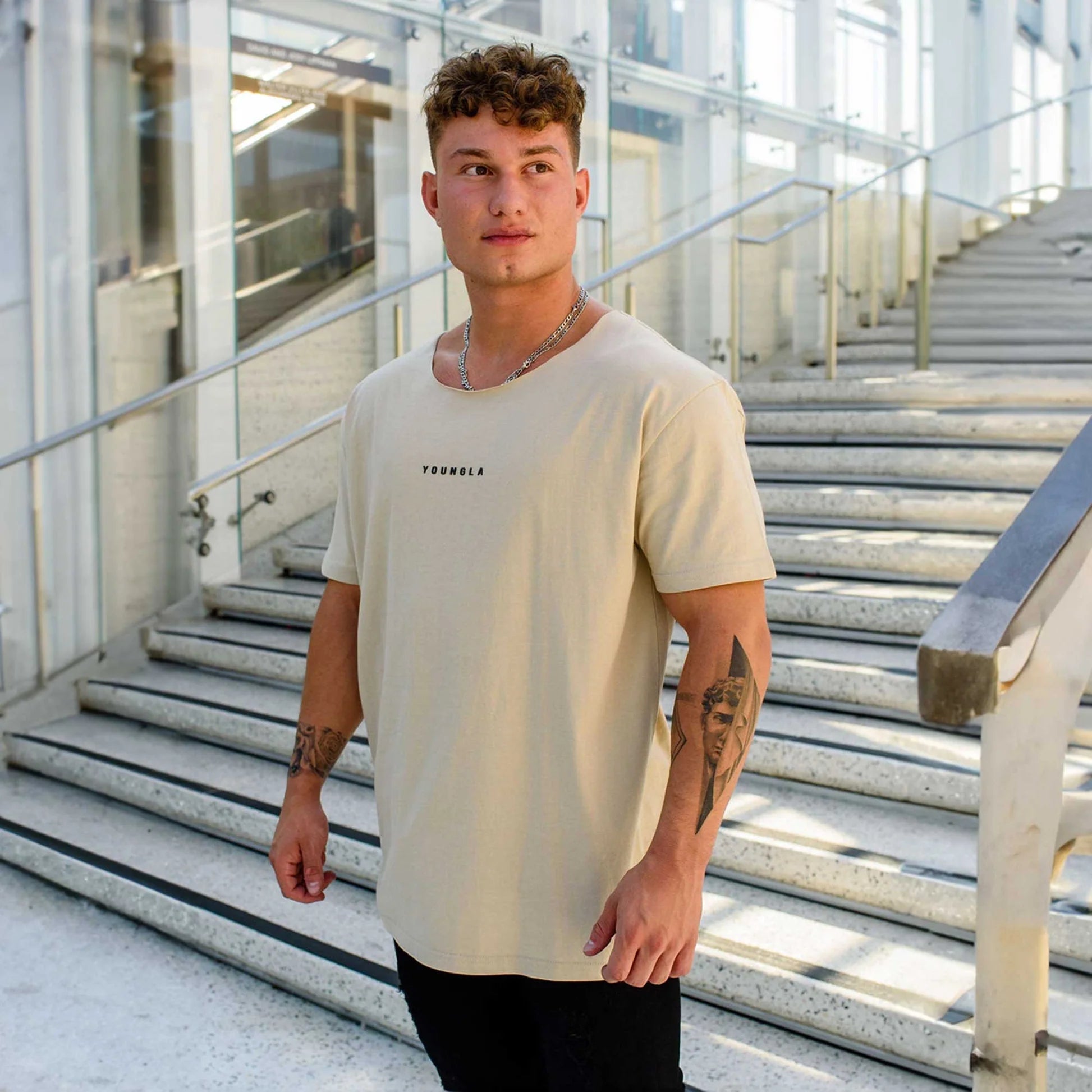 YoungLA 447 Wide Neck Tan Raw Cut Tee