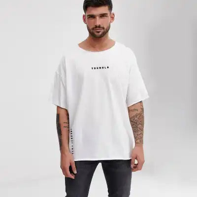 YoungLA 447 Wide Neck White Raw Cut Tee